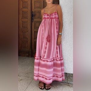 Pink and Red Embroidered Maxi Dress